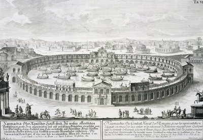 ヨハンアダムデルセンバッハ（1687-1765）、1721年に彫刻された「歴史的建築家の設計」からのローマ海軍の戦いの再構成 作： Johann Bernhard Fischer von Erlach